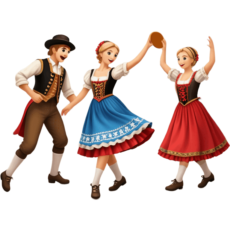 Cinematic Realistic Schuhplattler Dance Emoji, depicted as a lively traditional folk dance scene with performers in authentic Bavarian costumes, rendered with dynamic textures and festive natural lighting that captures the spirit of rural celebration. emoji