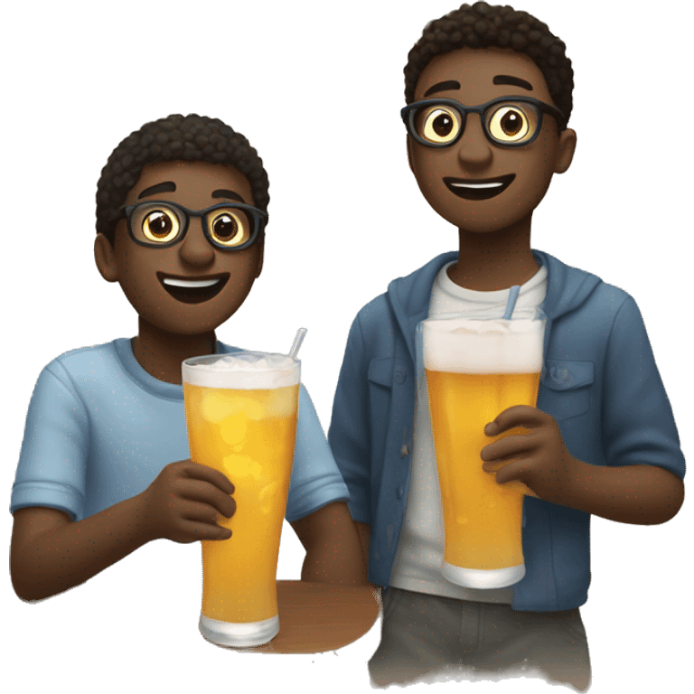 boys enjoying drinks indoors, boy on the right has glasses emoji