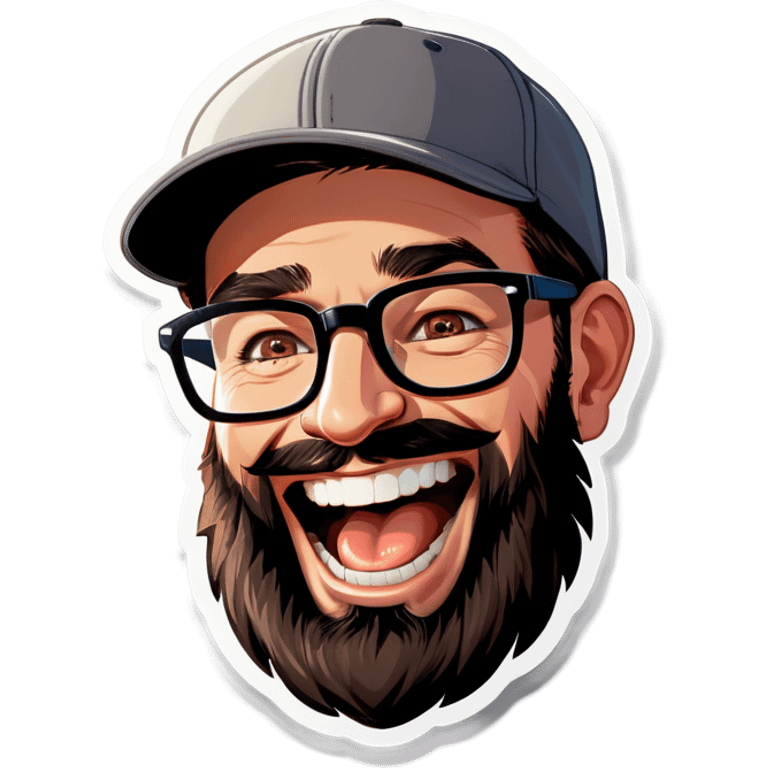 A man with a grey baseball cap, hazel eyes, big dark brown beard and glasses, laughing emoji