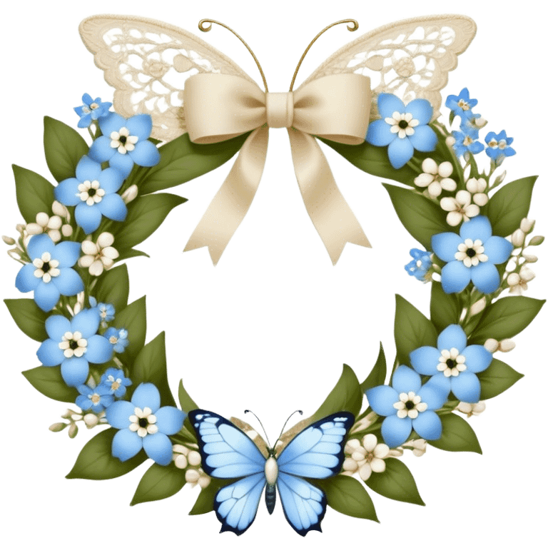 A delicate floral wreath woven from baby blue forget-me-nots and white jasmine, tied together with a velvet ribbon in creamy beige. A pearl-colored butterfly with intricate, lace-like wings rests atop the wreath, completing the picture of timeless elegance emoji