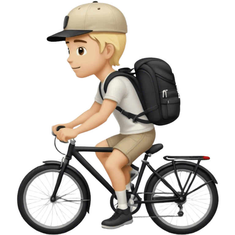 A blond guy in a cap and with a backpack on his back rides a black bike emoji