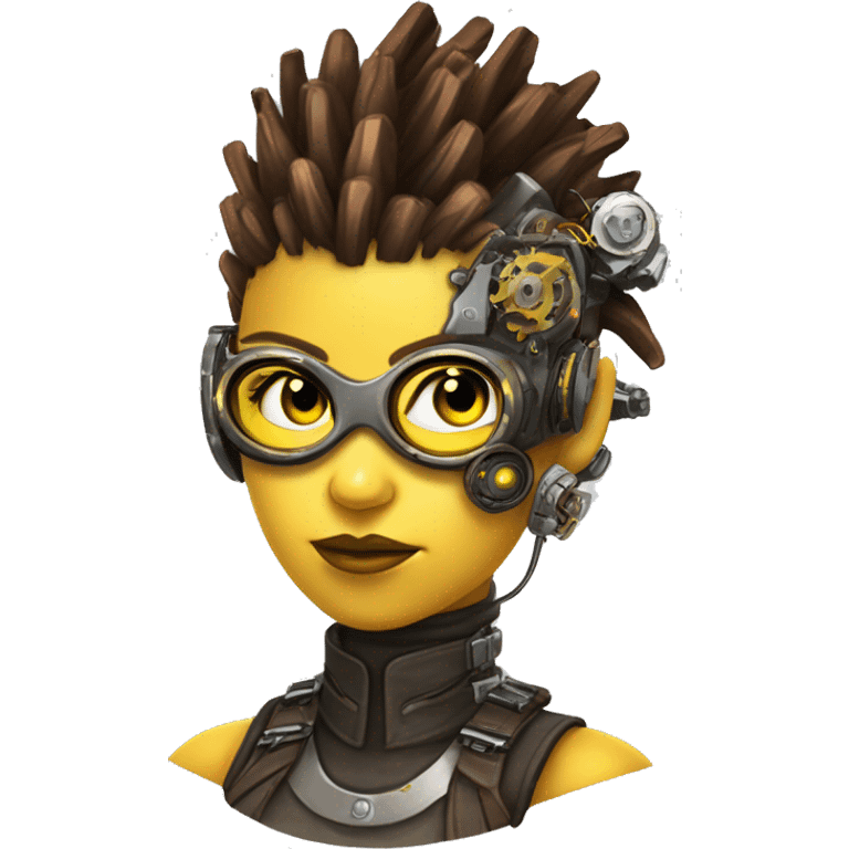 Brown with yellow streaks Mohawk hair female cyborg head, fair skin, steampunk goggles and circuits emoji