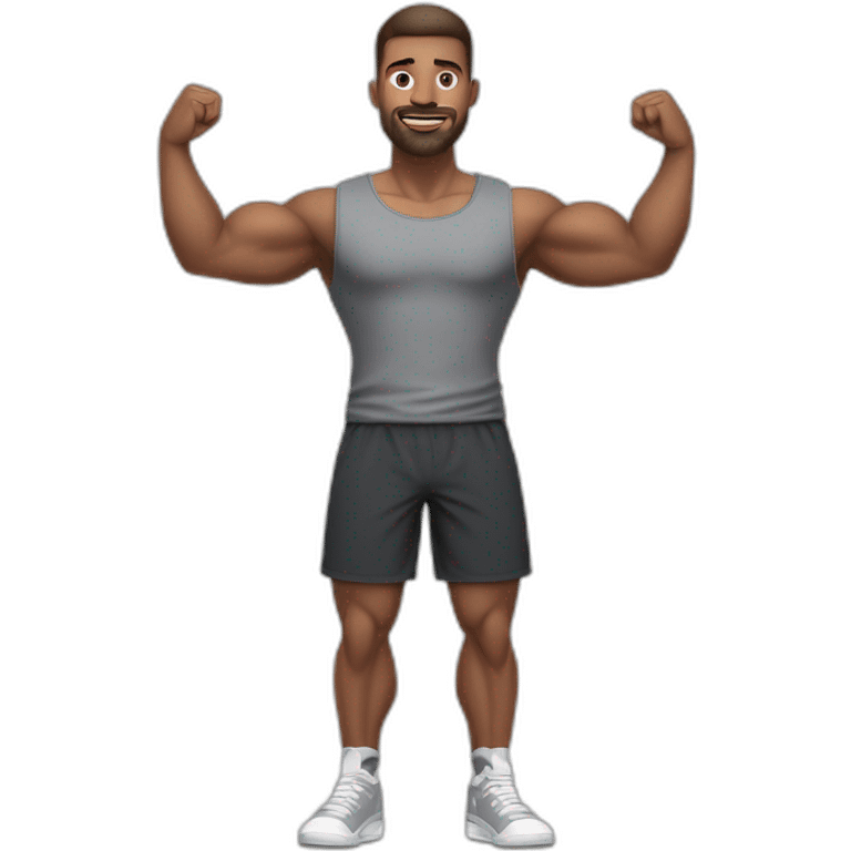 Full height realistic Actively gesturing with hands Pale skinned Fit Man With the biceps and brown hair in dark gray Sleeveless Mike, black oversize sports shorts, watch and white Sneakers emoji