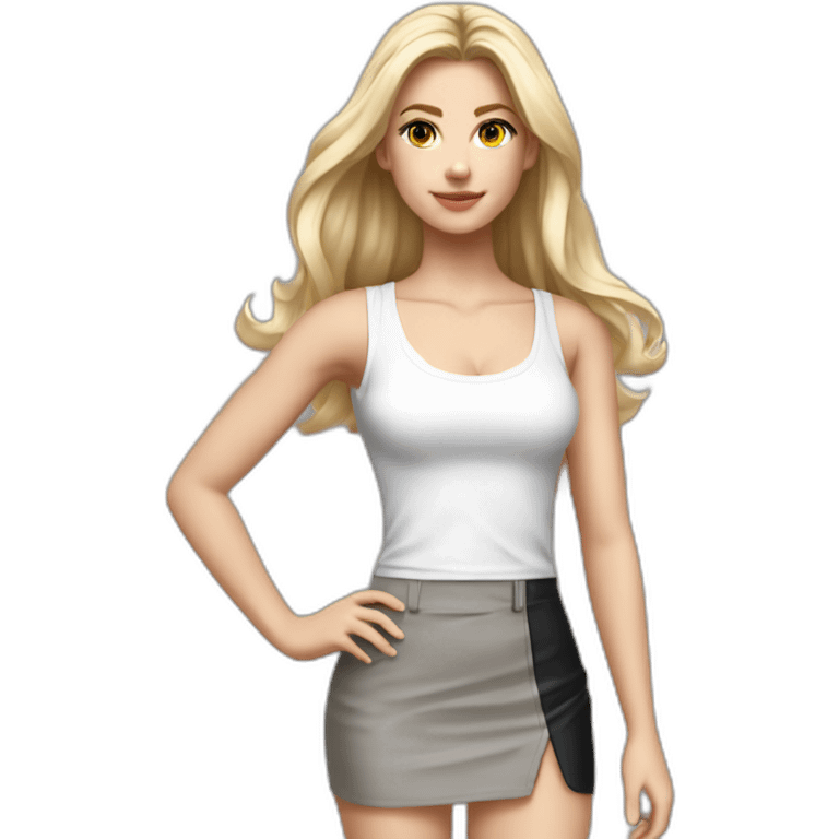 hyperrealist caucasian long blonde hair brown eyes woman white strap low cut tank top gray tight mini skirt black high heeled shoes full body emoji