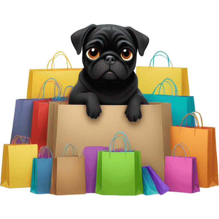 Black pug with many shopping bags emoji