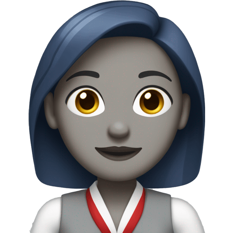 Flight attendant woman, back hair with a white shirt and light grey vest . The scarf is dark blue with a white and red stripe at the end emoji