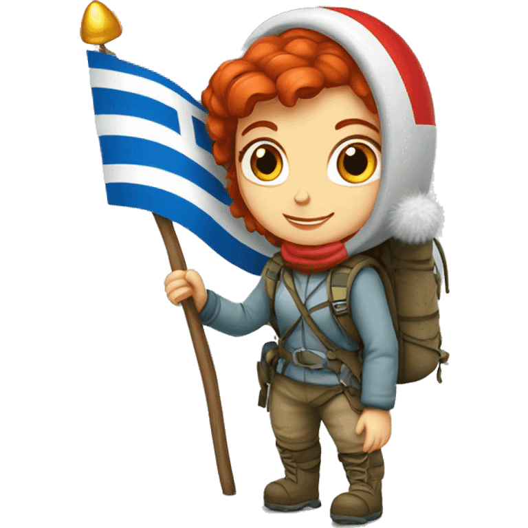 Female winter mountain climber red hair climbing Greek flag Easter eggs emoji