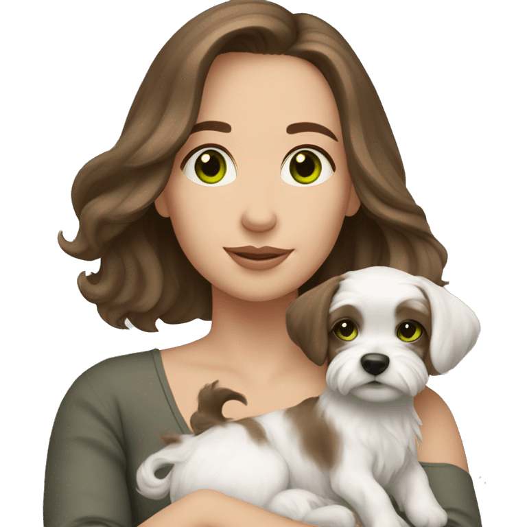 A Woman with brown hair and green/grey eyes and cuddle with a dog maltese  emoji