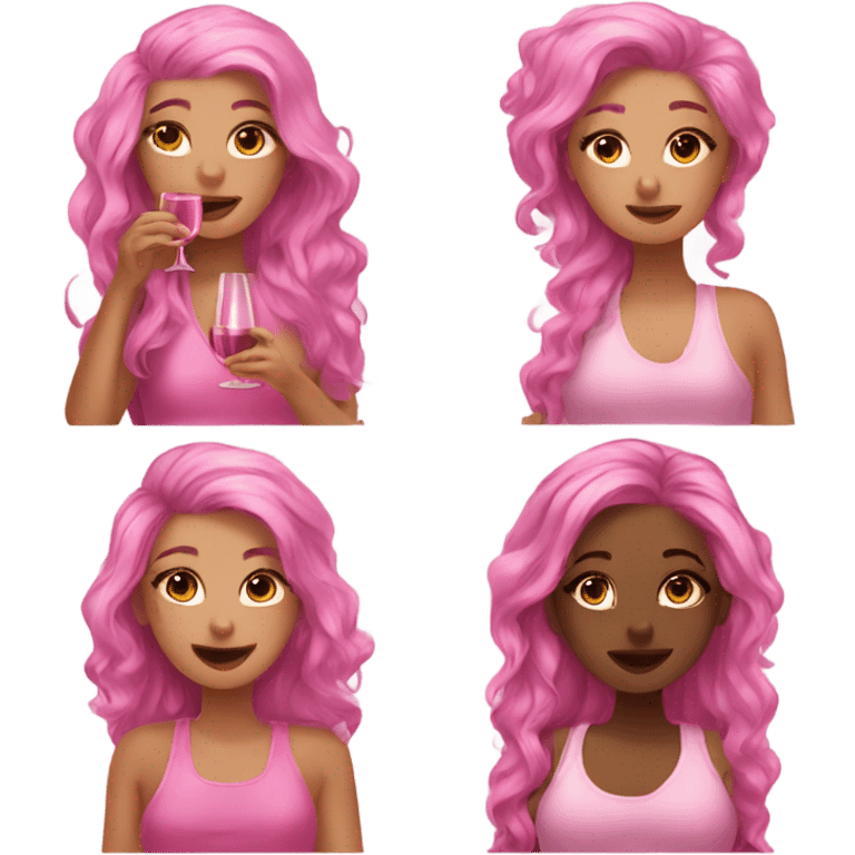 Girl slumber party with pink outfits drinking wine and pink hair  emoji