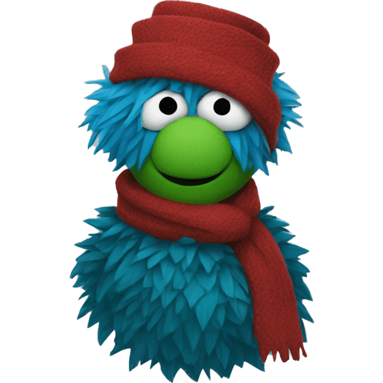 A blue muppet with dark green spiky hair over their eyes, wearing a red scarf emoji