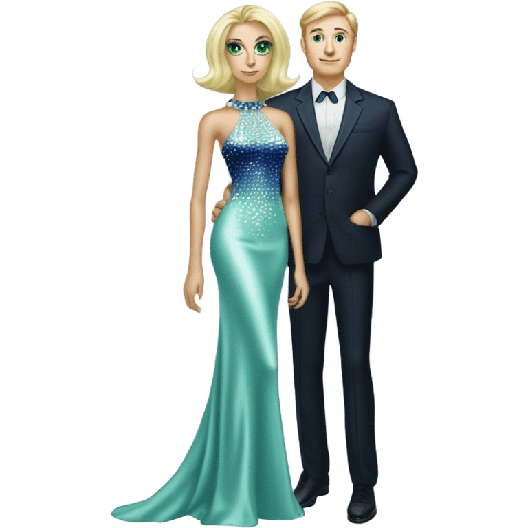 light green skin alien blonde woman in long slim pastel blue formal party satin dress with gradient shiny sparkling navy blue diamonds embroidered , and caucasian man in black dress emoji