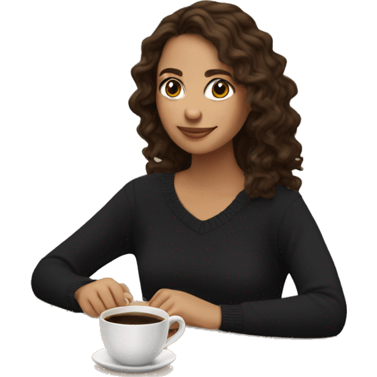 Brunette girl with wavy hair wearing black sweater with opened shoulders sitting with cup of coffee emoji