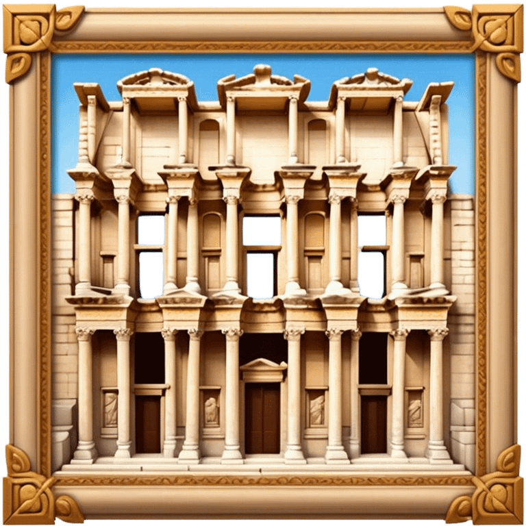 Cinematic Realistic Library of Celsus Landmark Emoji, depicted with an ornate ancient facade rendered with lifelike textures and warm, historical lighting. emoji