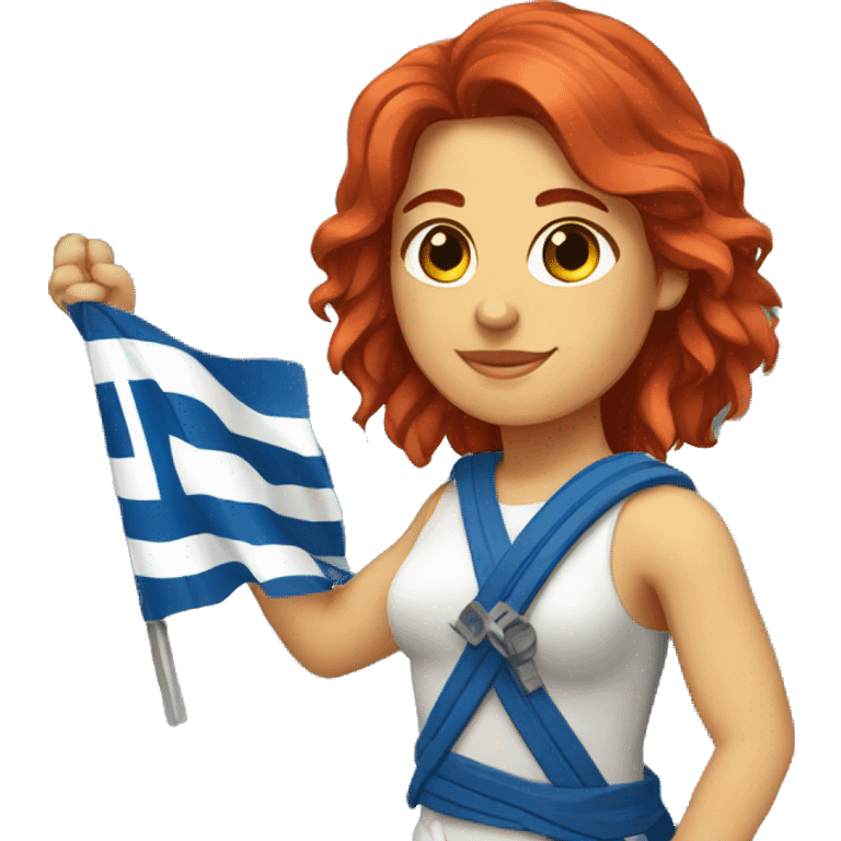 a red medium hair female mountain summiteer with Greek flag emoji