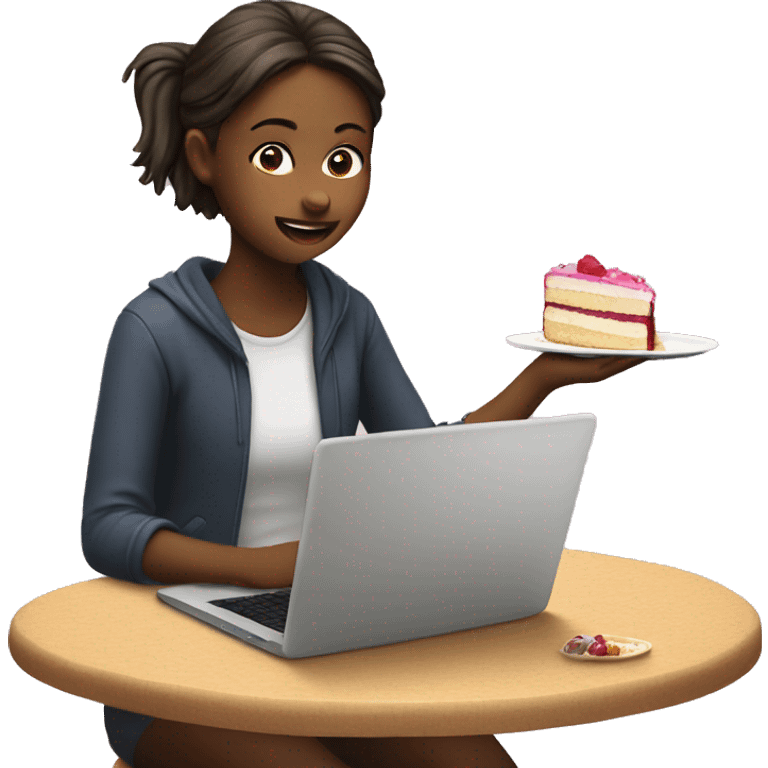 Girl on laptop eating cake emoji