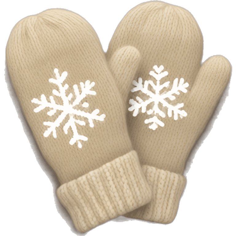 A pair of cozy knitted beige mittens with a snowflake design emoji