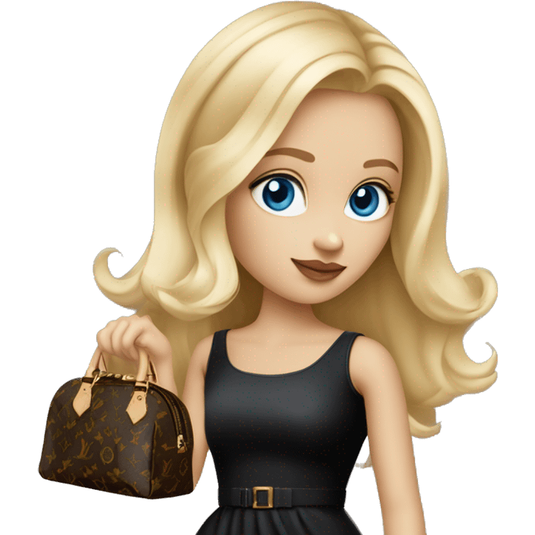 Blonde girl bright blue eyes holding Louis Vuitton monogram purse in short black dress emoji