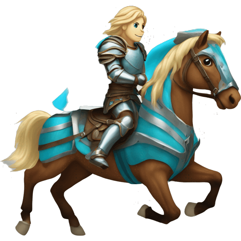 Chestnut brindle brindled striped horse blonde mane running galloping wearing blue and cyan armour  emoji