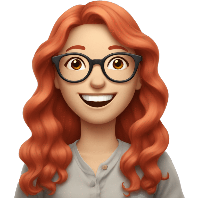 Pale, Long Wavy haired red head, girl with pink circular glasses glasses laughing and pointing emoji