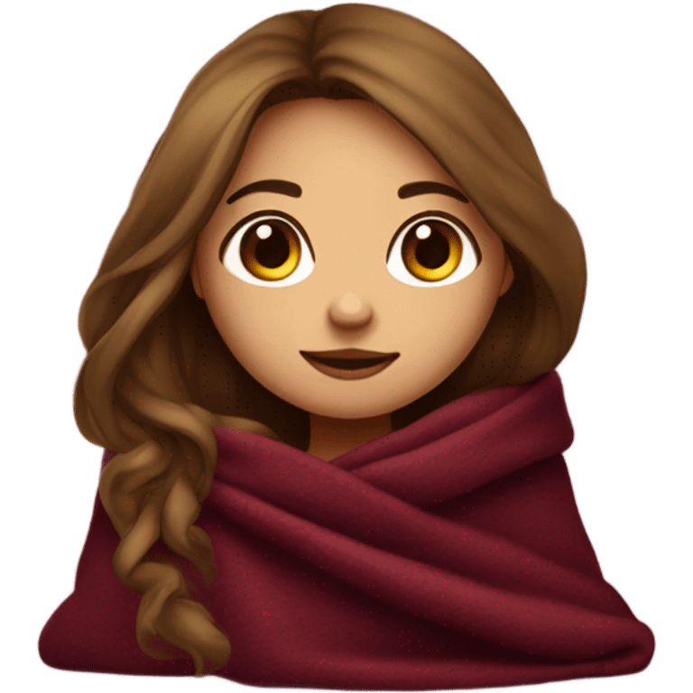 Cute girl with long hair, long lashes in burgundy cozy blanket emoji