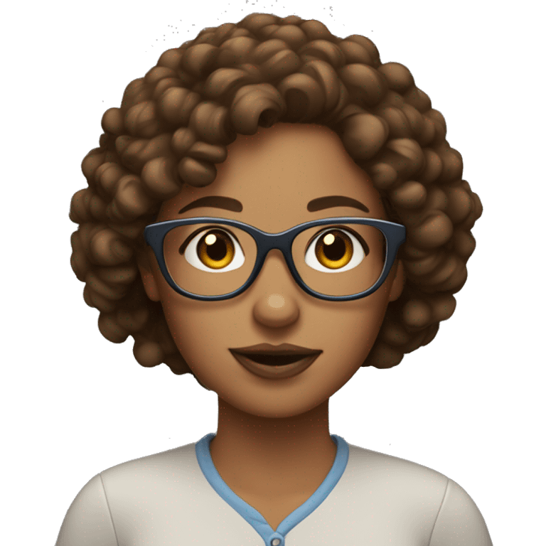 Cool woman with pal skin, brown curly hair and glasses. emoji