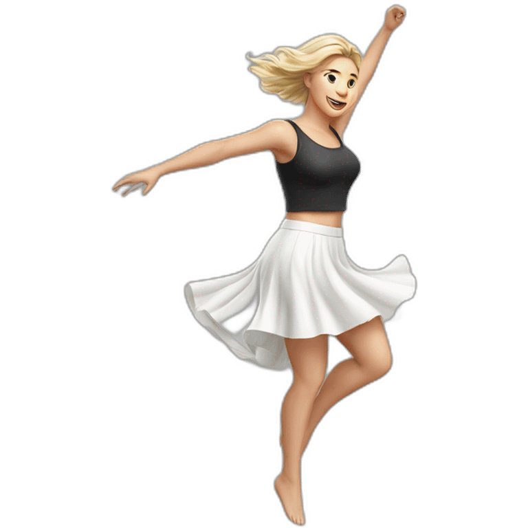 Hyperrealistic Full body Caucasian curvy beauty jumping short white skirt back and front views strong wind emoji