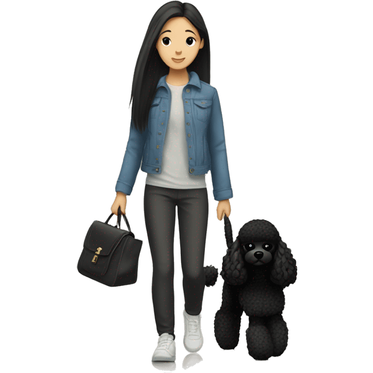 One Korean girl with black long straight hair with one black poodle is walking. emoji