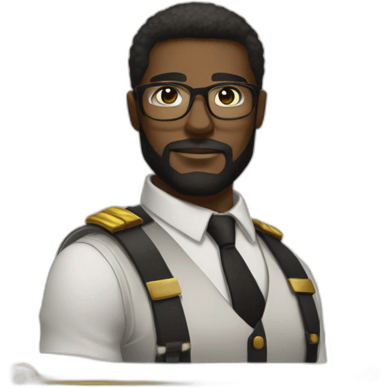 black soldier with beard, part in black hair, white collared shirt, bow tie, gold frame glasses, bulletproof vest  emoji