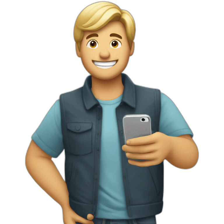 Chico blanco feliz con su teléfono en la mano  emoji