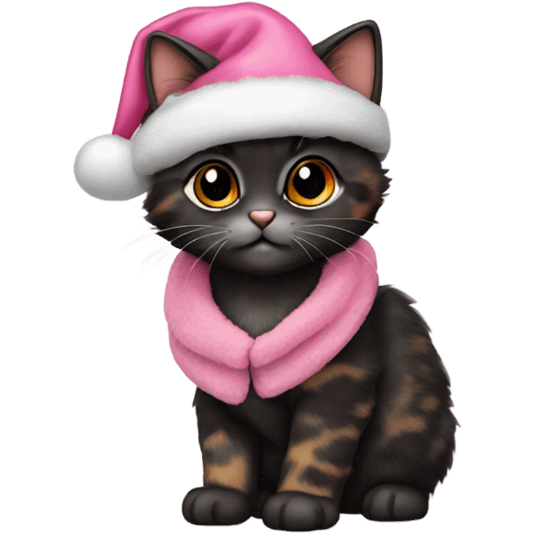 Cute mostly black tortoiseshell kitten wearing a pink Santa hat and coat emoji