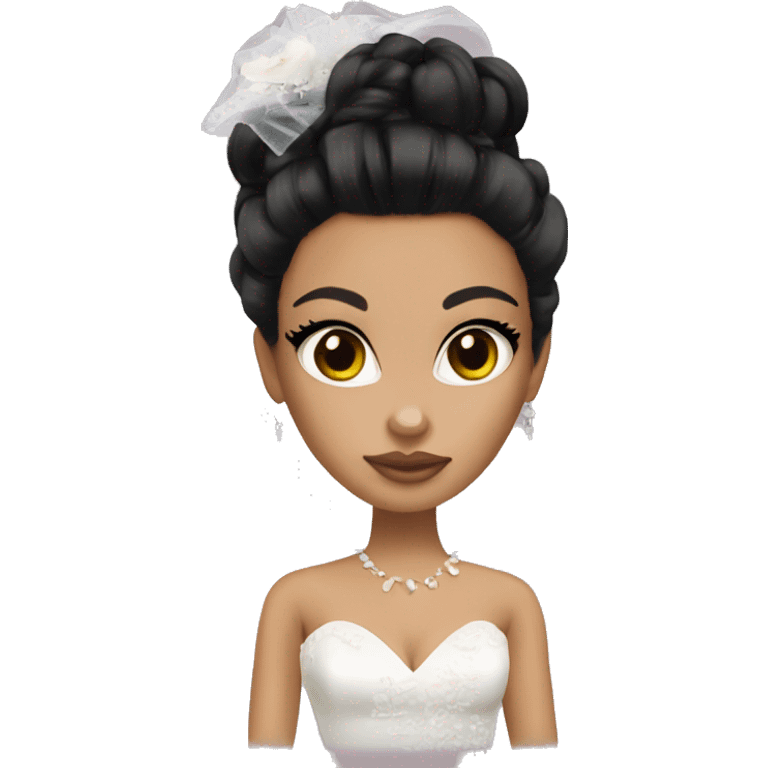 Bratz, bride, black updo hair, olive skin, brown almond cat eyes emoji