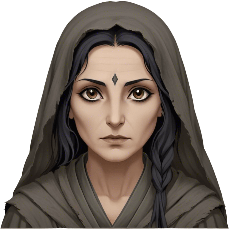 Mirri Maz Duur is a weathered, age 45 Lhazareen woman with deep-set dark eyes, high cheekbones, and a sharp nose, giving her a stern, knowing expression. Her long, unkempt dark hair streaked with gray falls loosely over her shoulders, and her earth-toned, tattered robes mark her as a humble healer. Despite her frail appearance, she exudes an aura of mystery and menace, her hands stained with herbs and blood from both healing and dark sorcery. emoji