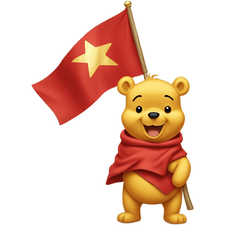 Winnie the Pooh with red flag with gold star
 emoji