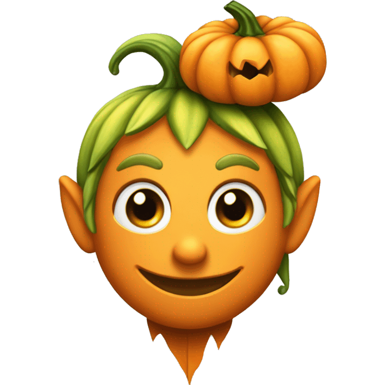 Elf with a pumpkin head, carved smile face on the pumpkin, leaves in hair, Halloween theme, emoji emoji