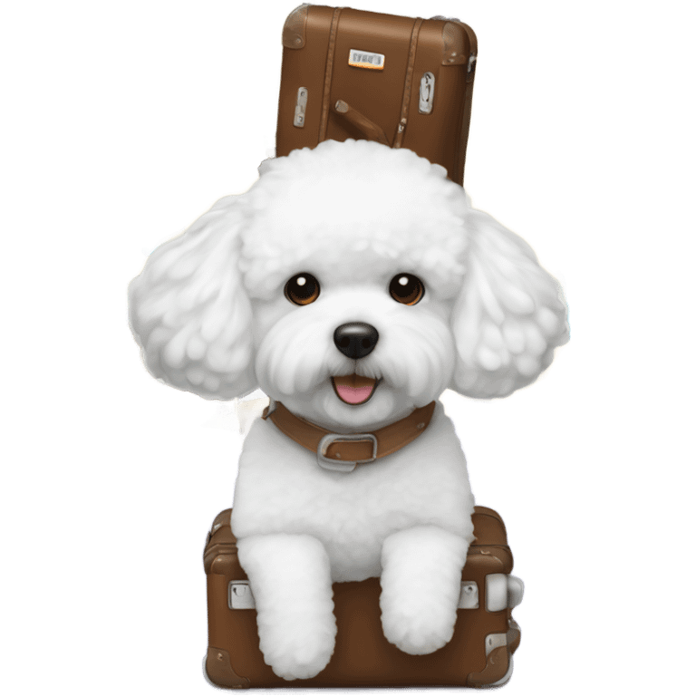 A world traveler, Bichon Frise, with a suitcase filled with iconic places stickers on the suitcase  emoji