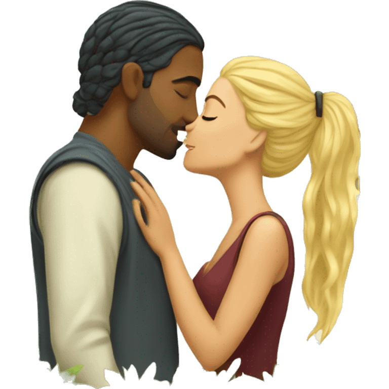 blonde woman with indian man that has a man bun romantic kiss under tree emoji