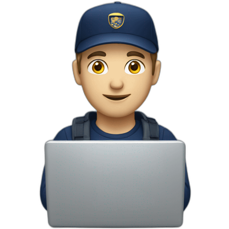 european guy wearing navy cap using laptop emoji