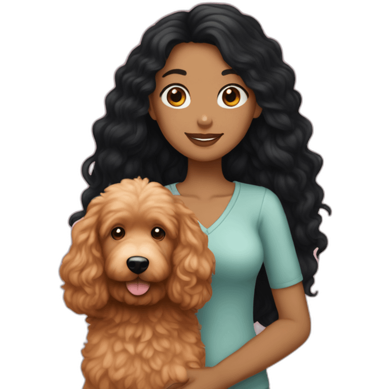 Girl with long black hair and fair skin holding red goldendoodle emoji