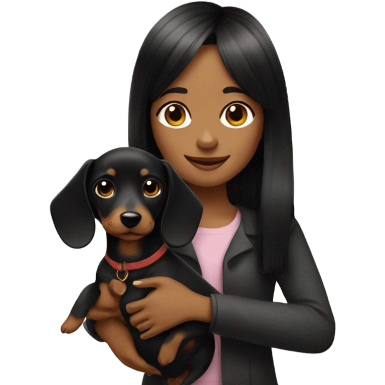 black bob and bangs girl holding a black and tan dachshund  emoji