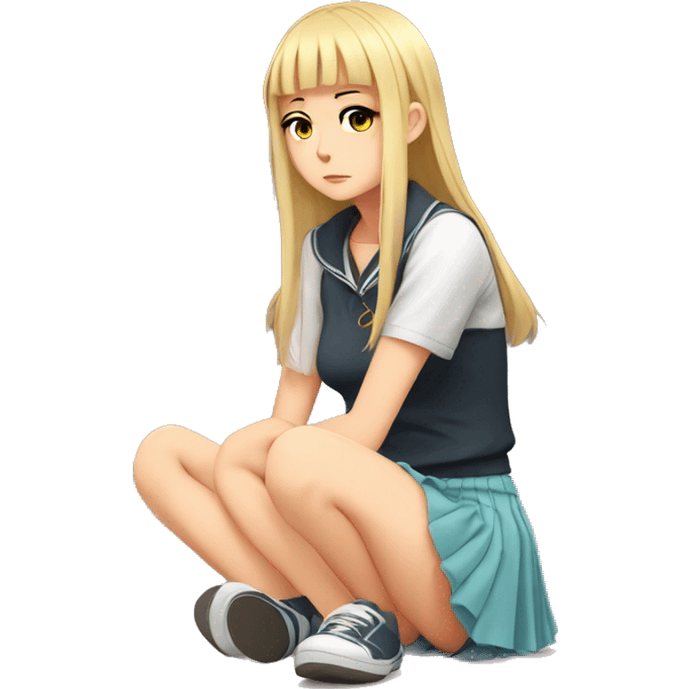 anime girl sad full body, Mini skirt, sits on the floor straight view emoji