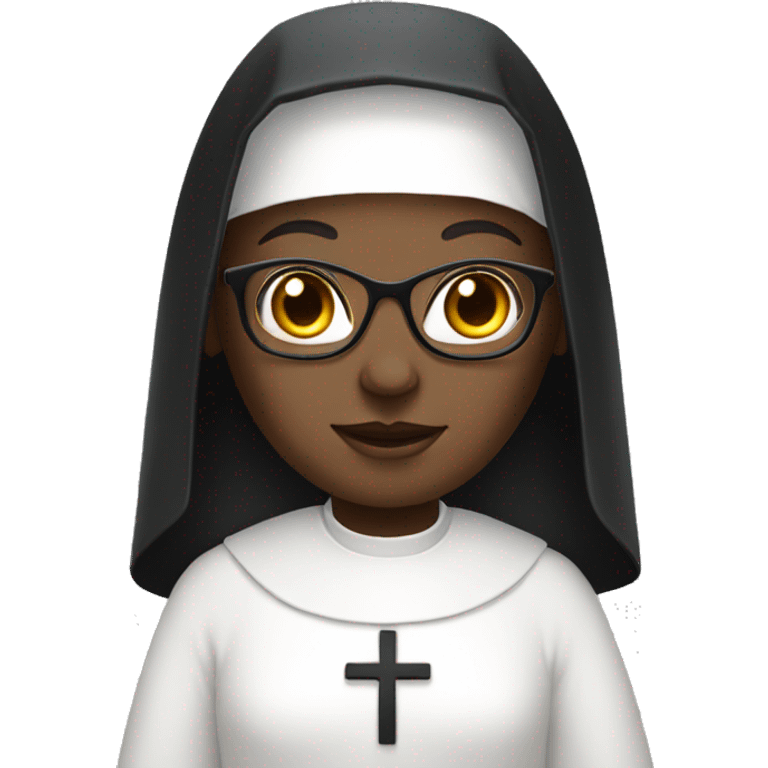 nun with white habit, short, dark skin, glasses, big sm emoji