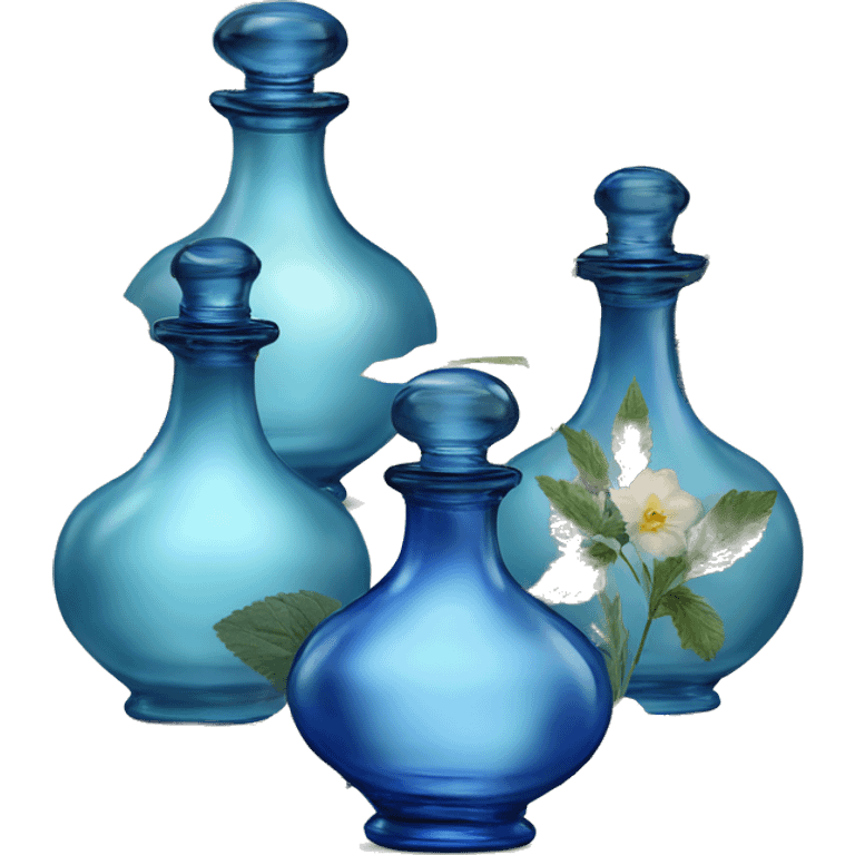 Four blue Antique oil perfume bottles with herbal and flowers emoji