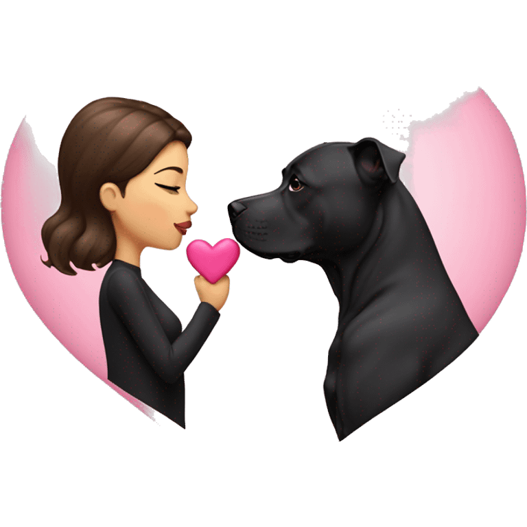 Brunette kissing big black pitbull dog, pink hearts, glamour  emoji