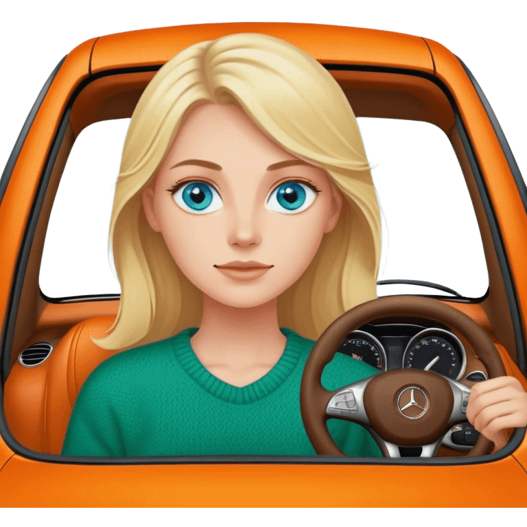 A cinematic realistic blonde with blue eyes, dressed in a green sweater, is driving an orange Mercedes car. emoji