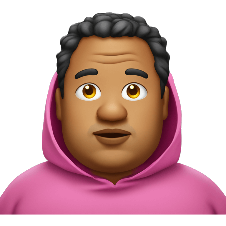 fat man with big ears wearing pink poncho, closed eyes, big lips with visible yellow teeth, duble chin and with a potato nose black messy hair emoji