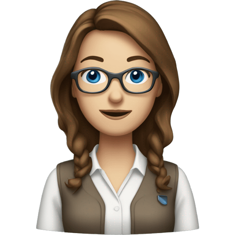 woman with brown hair blue eyes, glasses and a compter tech emoji