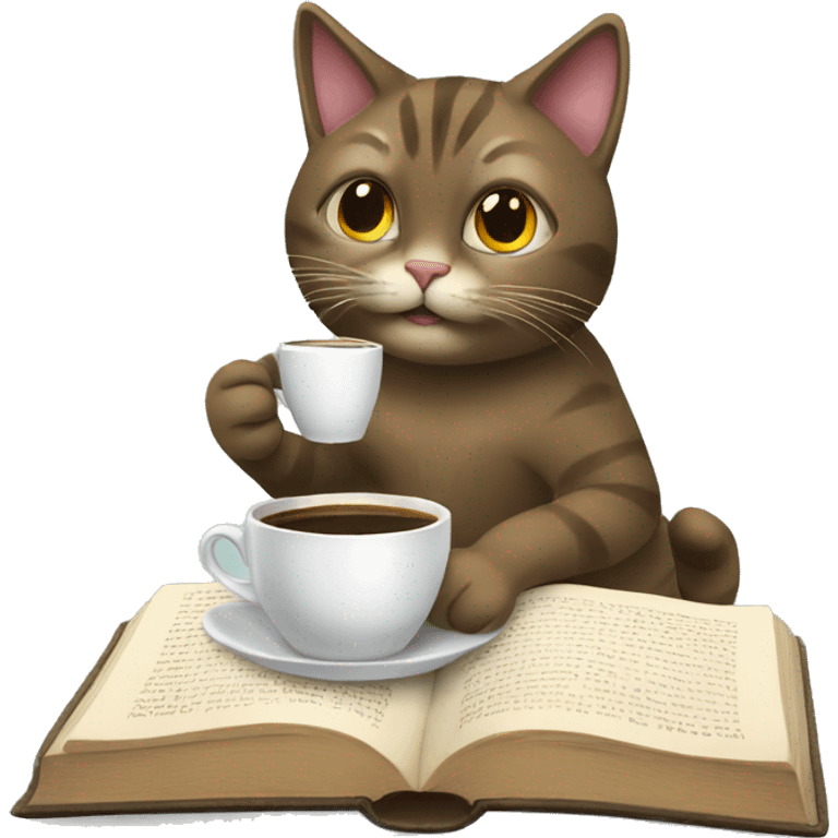 a cat drinking coffee while reading a book emoji