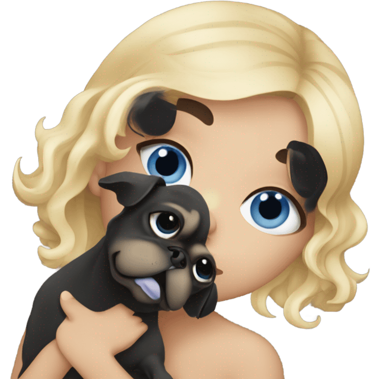 Girl with wavy blonde hair and blue eyes kissing a black pug emoji