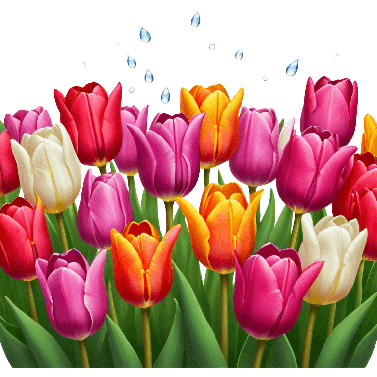 Tulips – Cinematic Realistic Tulips, depicted as a vibrant field of blooming tulips in brilliant hues, each delicate petal catching dewdrops under soft, natural spring light, rendered with detailed textures and a dreamy, picturesque glow. emoji