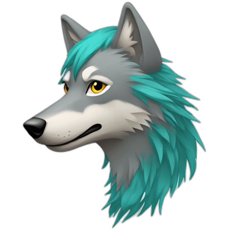 Grey wolf head with a star tatoo over his right eye, he have a turquoise glamrock mullet haircut emoji